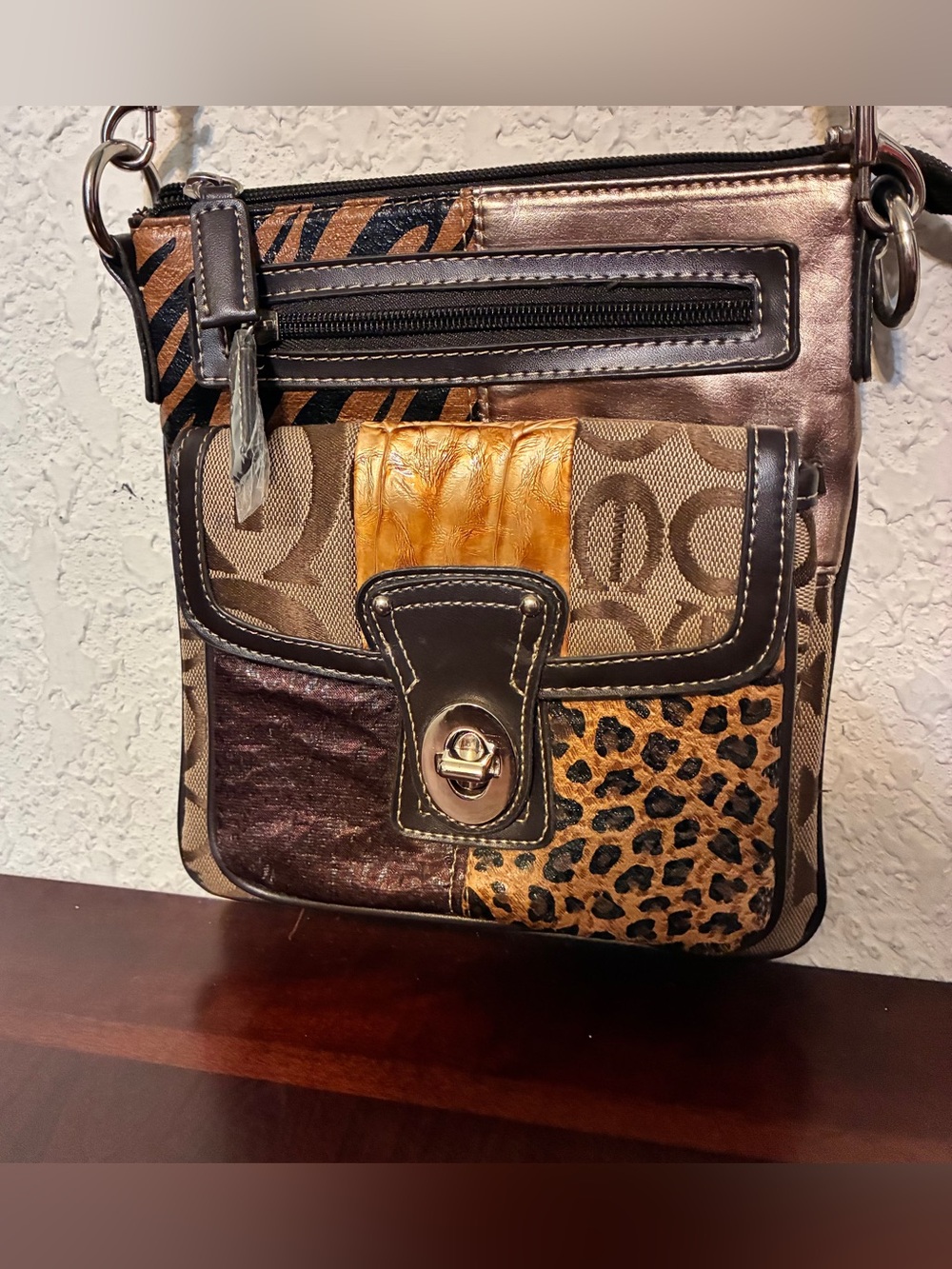 Mixed-Material Patchwork Crossbody Bag in Brown, Gold and Leopard